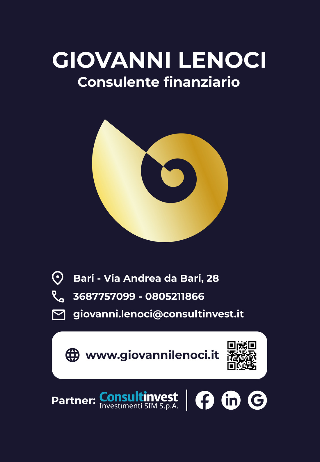 Biglietto da visita Giovanni Lenoci — Consulente Finanziario, partner Consultinvest
